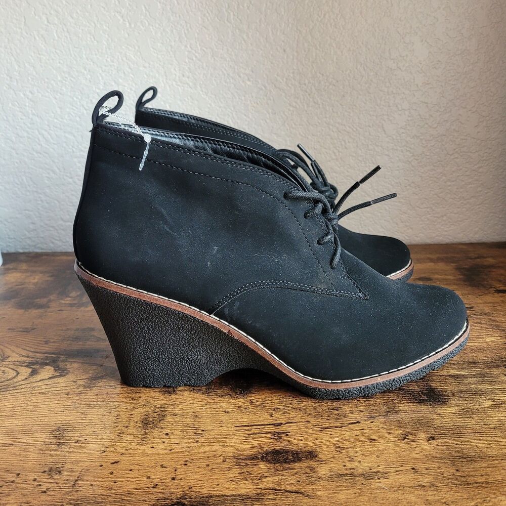 White Mountain Womens Lucy Lace-Up Suede Wedge Booties Black Size 11 M New